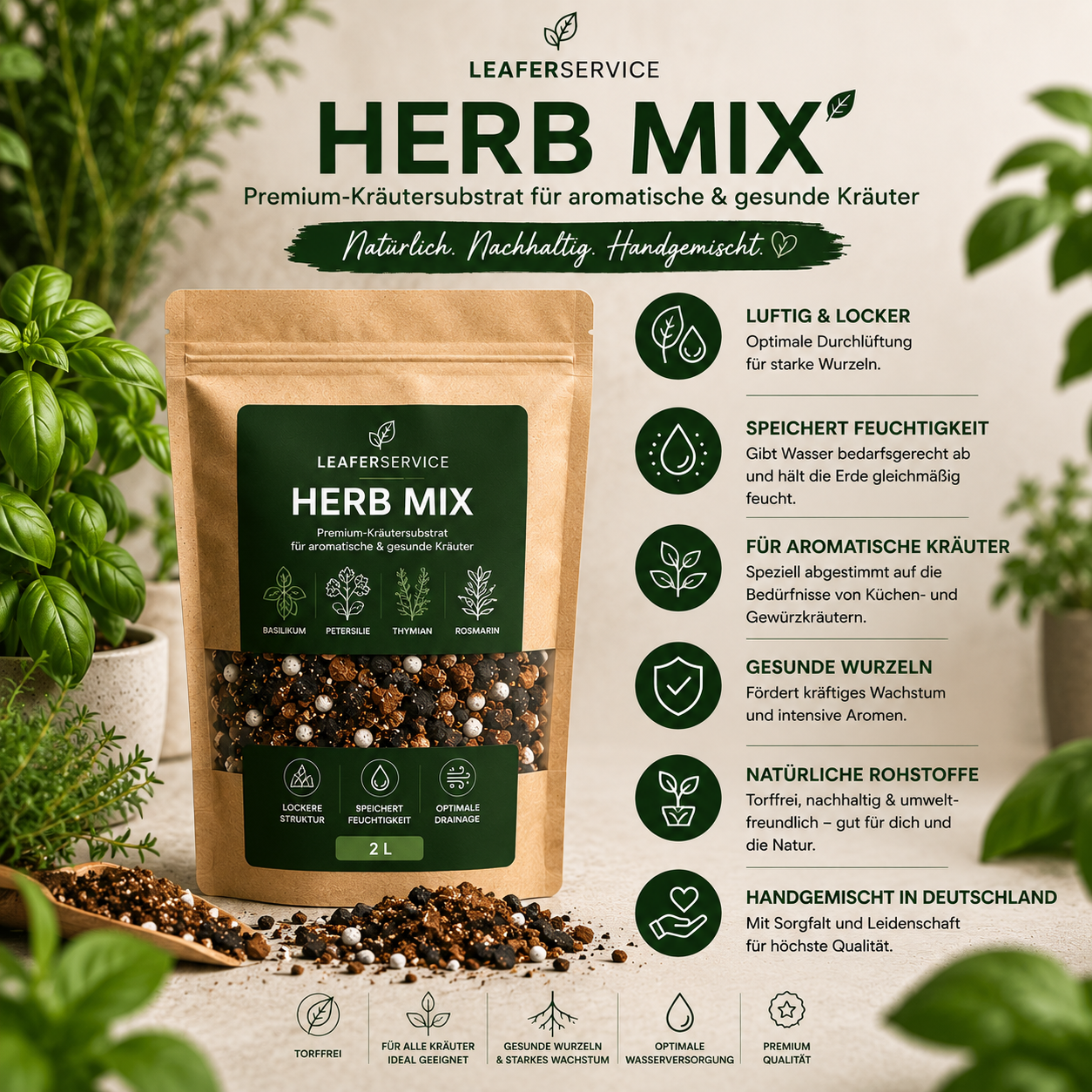 Herb Mix – Premium Kräutersubstrat | Torffrei | Handgemischt | Für Basilikum, Petersilie & Küchenkräuter