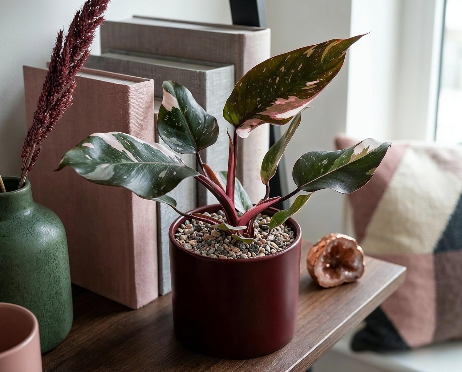 Philodendron Red Anderson Zimmerpflanze Variegata - Seltener panaschierter Sammler-Kultivar mit weiß-grünen Blättern & magentaroten Blattstielen